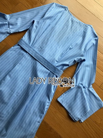 Lady Ribbon Cotton Dress เดรสสีฟ้าลายทาง