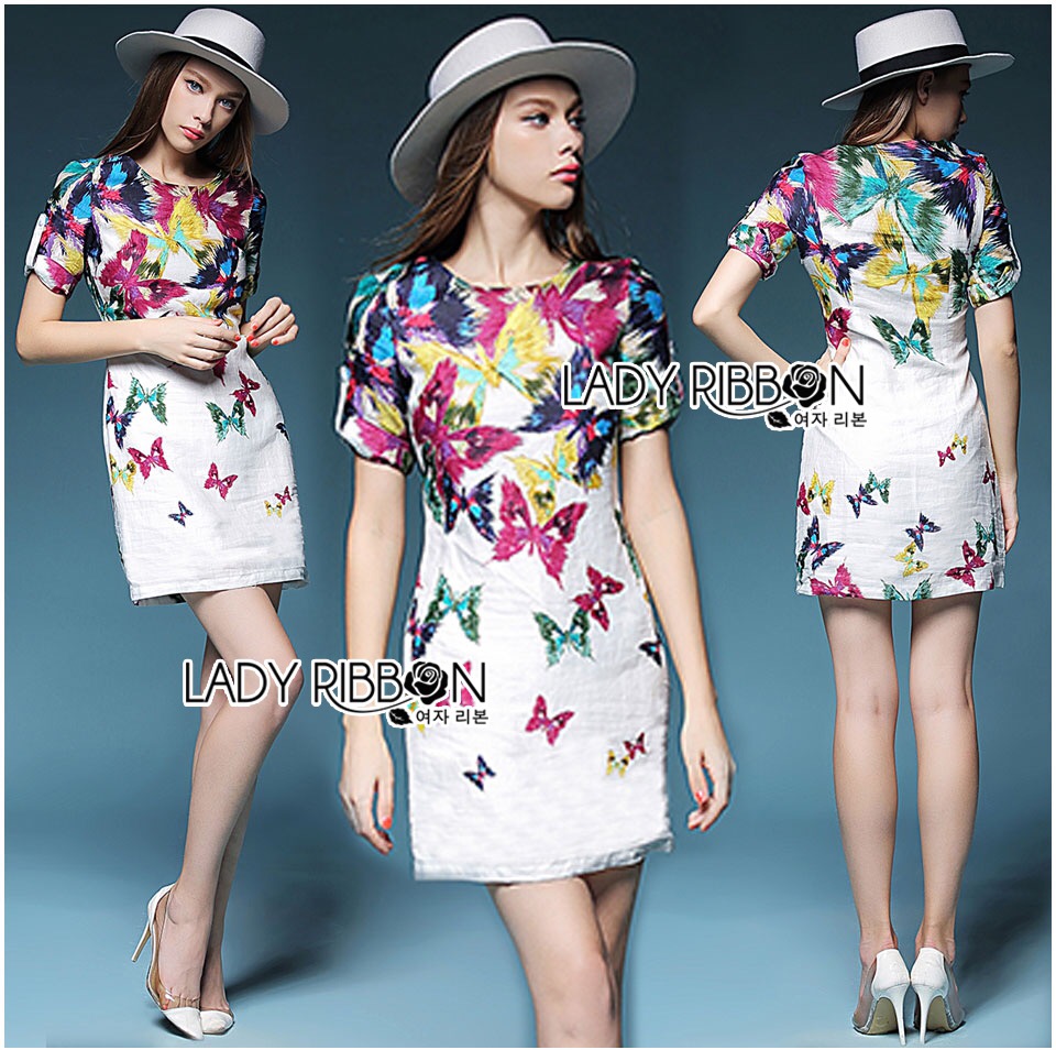 lady Lady Ribbon เสื้อผ้าพร้อมส่ง เสื้อผ้า Lady Ribbon พร้อมส่ง เลดี้ริบบอน 🎀 Lady Ribbon's Made 🎀 Lady Amanda Smart and Sexy Colourful Butterfly Printed Dress