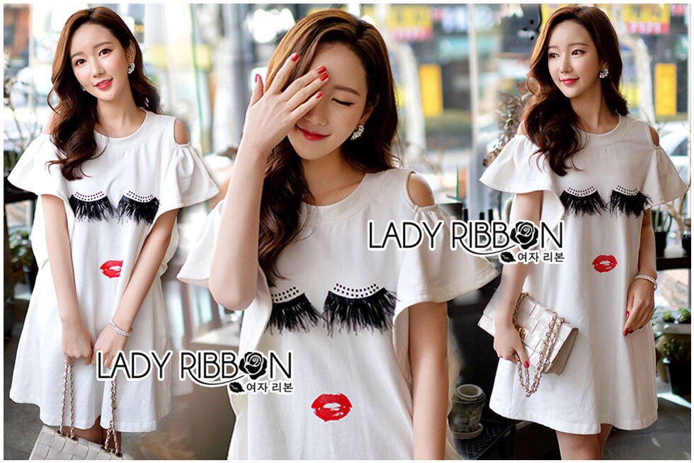Lady Ribbon ขายส่ง LR04260516 🎀 Lady Ribbon's Made 🎀 Lady Kimberley Ruffle with Feather Lash Embroidered Jersey Cotton Dress
