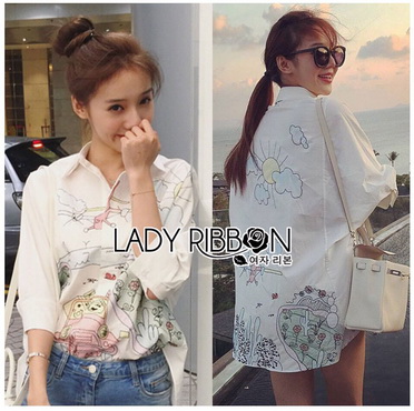 Lady Ribbon Online ขายส่ง เสื้อผ้าออนไลน์ ของแท้ LR08040716 🎀 Lady Ribbon's Made 🎀 Lady Nicole Artful Dreamy Embroidered Cotton Shirt in White