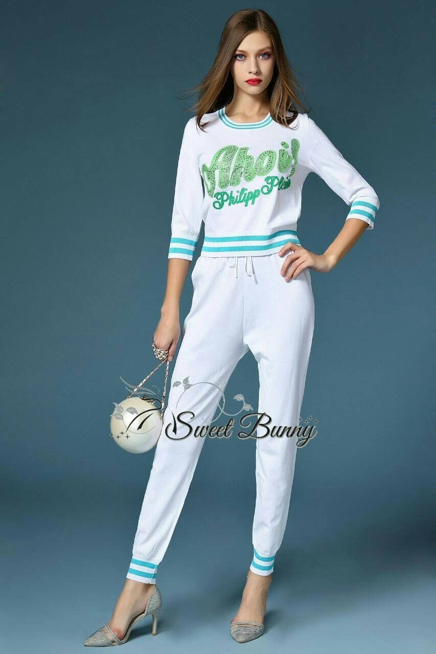 SW12010916 Sweet Bunny Present... Ahoi! Philipp Plein Embroidered jogger set เซ็ทเสื้อ+กางเกง ผ้ายืด Cotton