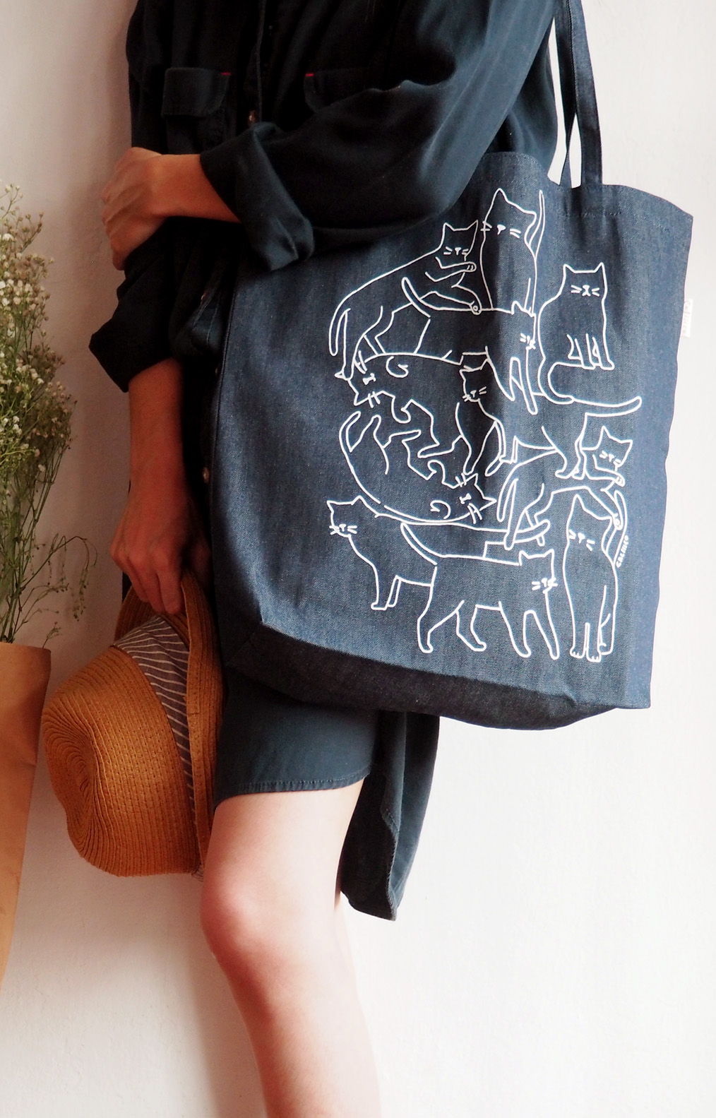 กระเป๋าผ้ายีนส์ ลายมีแมวกี่ตัว Tote bag denim fabric print with how many cats