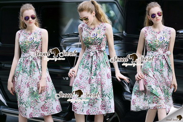 Lady Ribbon Online ขายส่งเสื้อผ้าออนไลน์พร้อมส่งของแท้ SS12220716 Seoul Secret Say's .... Pink Sakura Girly Bow Tie Waist Cami Dress