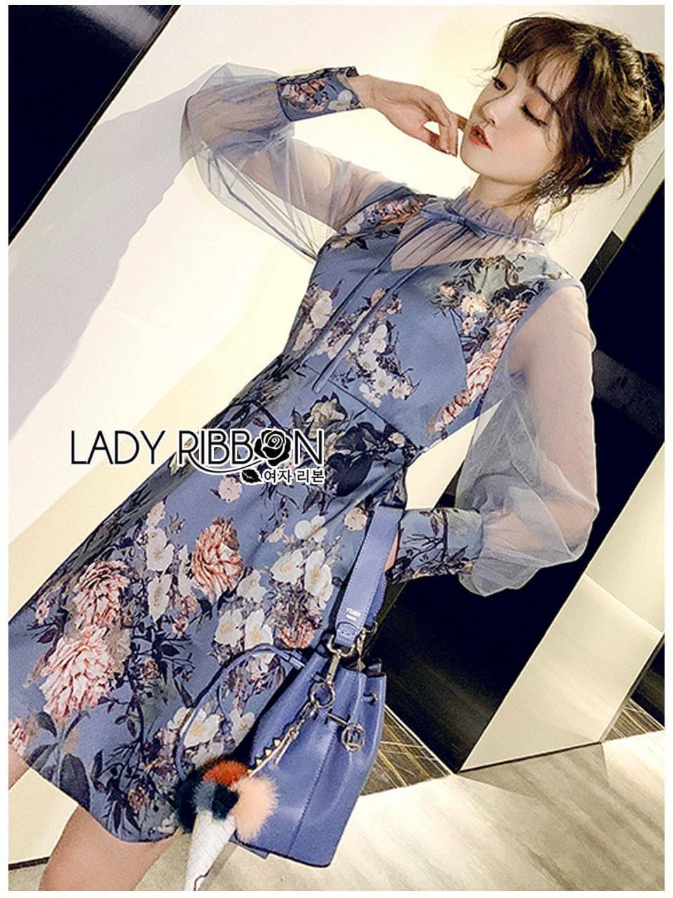 Mini Dress เดรสสั้นผ้าเครปสีฟ้าพิมพ์ลายดอกไม้
