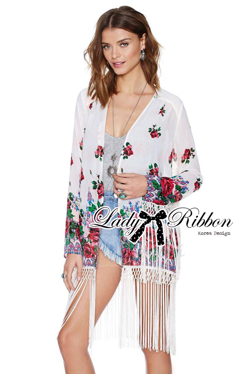 🎀 Lady Ribbon's Made 🎀 Lady Ria Hippy Floral Printed Fringe Outerwear เสื้อคลุมผ้าชีฟองพิมพ์ลายดอกไม้