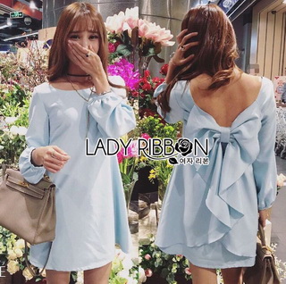 Lady Ribbon Online ขายส่งเสื้อผ้าออนไลน์ Lady Ribbon LR01040816 🎀 Lady Ribbon's Made 🎀 Lady Mila Sweet Minimal Back-Ribbon Baby Blue Dress