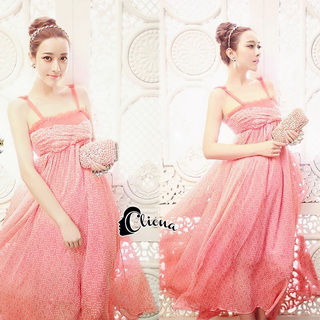 Lady Ribbon Online เสื้อผ้าออนไลน์ขายส่ง Cliona เสื้อผ้า,CN07220816 Cliona made' Pinky Garden Dress - เดรสยาวสายเดี่ยวสีส้มลายจุดสีขาว