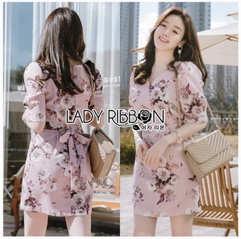 Sweet Feminine Floral Printed Pink Dress เดรสสีชมพู