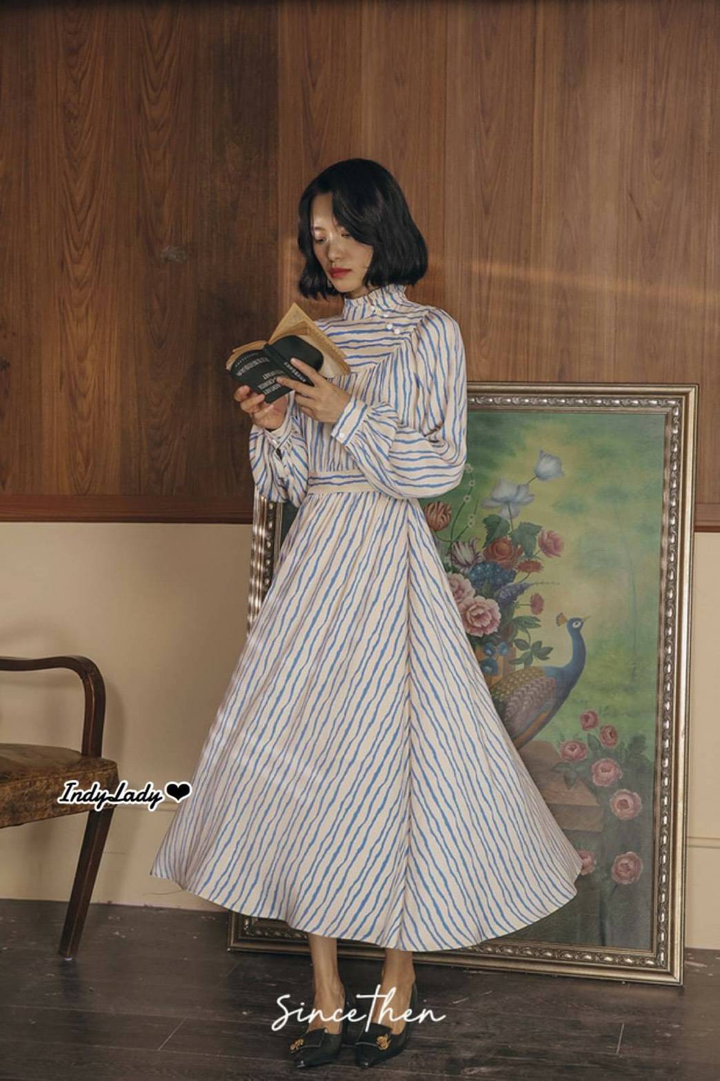 Dress ทรงสวย ลายริ้ว แขนยาวพอง