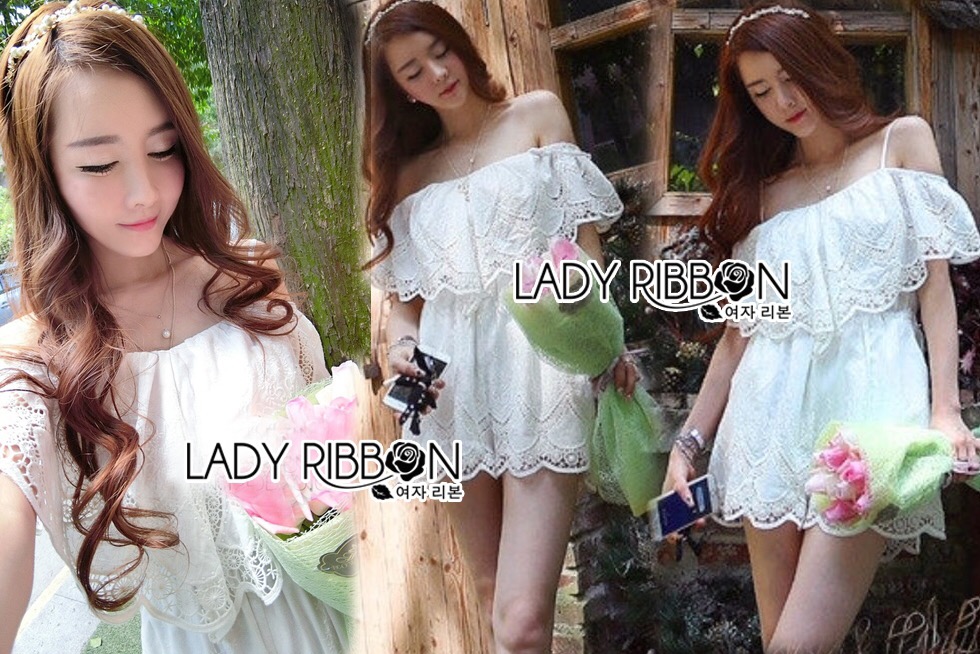 เสื้อผ้า: Lady Ribbon LB04160516 🎀 Lady Ribbon's Made 🎀 Lady Alicia Sweet Princess Off-Shoulder Cotton Embroidered Mini Playsuit เ
