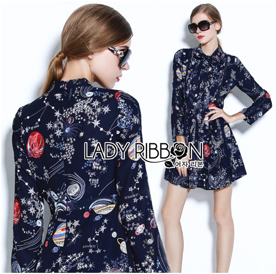 Ladyribbon Lady Ribbon เสื้อผ้าราคาส่ง เสื้อผ้า Lady Ribbon ราคาส่ง เลดี้ริบบอน LR02260216 🎀 Lady Ribbon's Made 🎀 Lady Caroline Funny Space Odyssey Printed Shirt Dress