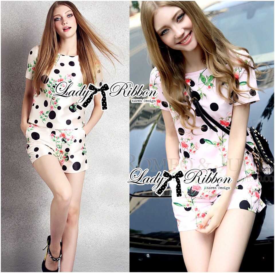 🎀 Lady Ribbon's Made 🎀 Lady Rosie Casual Polka Dot and Flower Printed Cotton Satin Ensemble Set เซ็ตเสื้อแขนสั้นแ