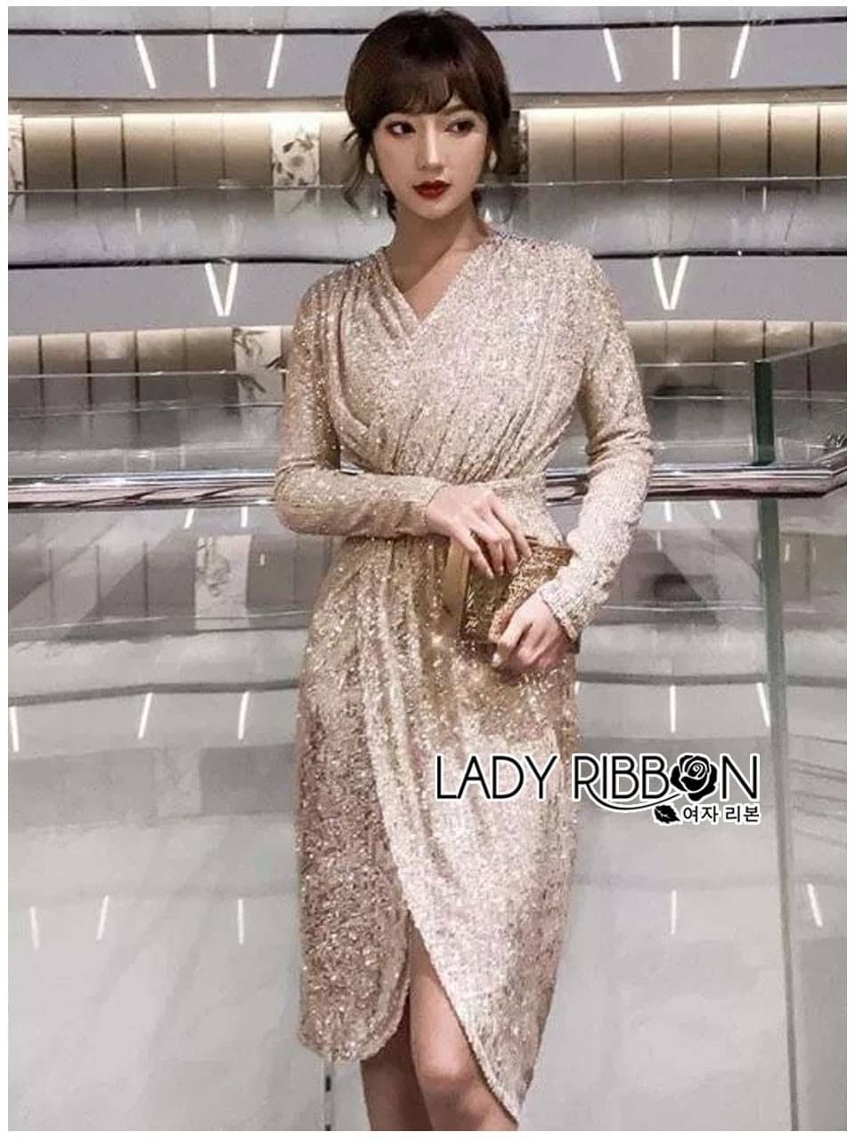 แฟชั่นเดรสสีครีมแขนยาว ปักเลื่อมเงิน
