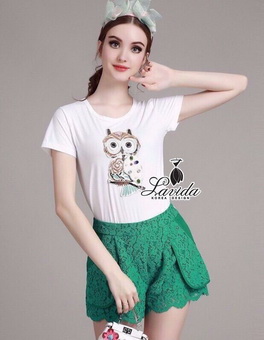 Lady Ribbon Online เสื้อผ้าออนไลน์ ขายส่งของแท้พร้อมส่ง เสื้อผ้า Lavida LV03010816 🍭Korea Design By Lavida cutie owl embroidered white top green lace pants chic set code749