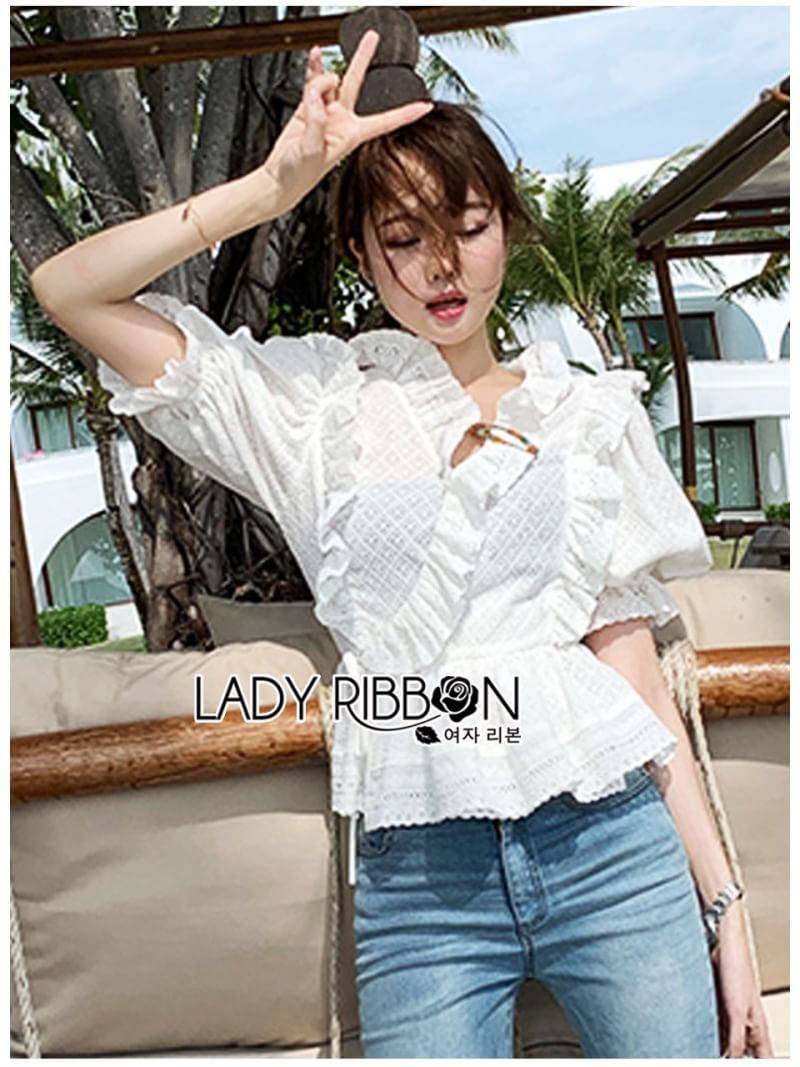 เสื้อผ้าคอตตอนฉลุลายตกแต่งระบายและริบบิ้น