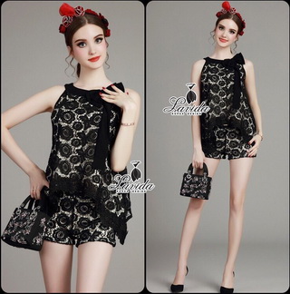 Lady Ribbon Online ขายส่งเสื้อผ้าแฟชั่นเกาหลี เสื้อผ้า Lavida LV01080816 🍭 Korea Design By Lavida bow irregular pendulum blossom lace top short pants black