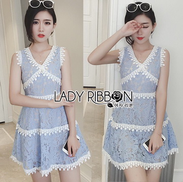 Lady Ribbon Online เสื้อผ้าออนไลน์ ขายส่งของแท้ราคาถููก LR01110716 🎀 Lady Ribbon's Made 🎀 Lady Ariana Sweet Feminine White and Blue Lace Dress