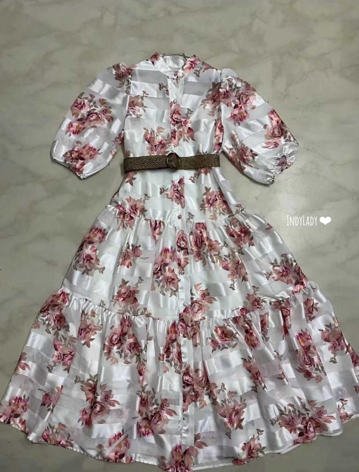 Dress ยาวแขนสั้น พิมพ์ลาย