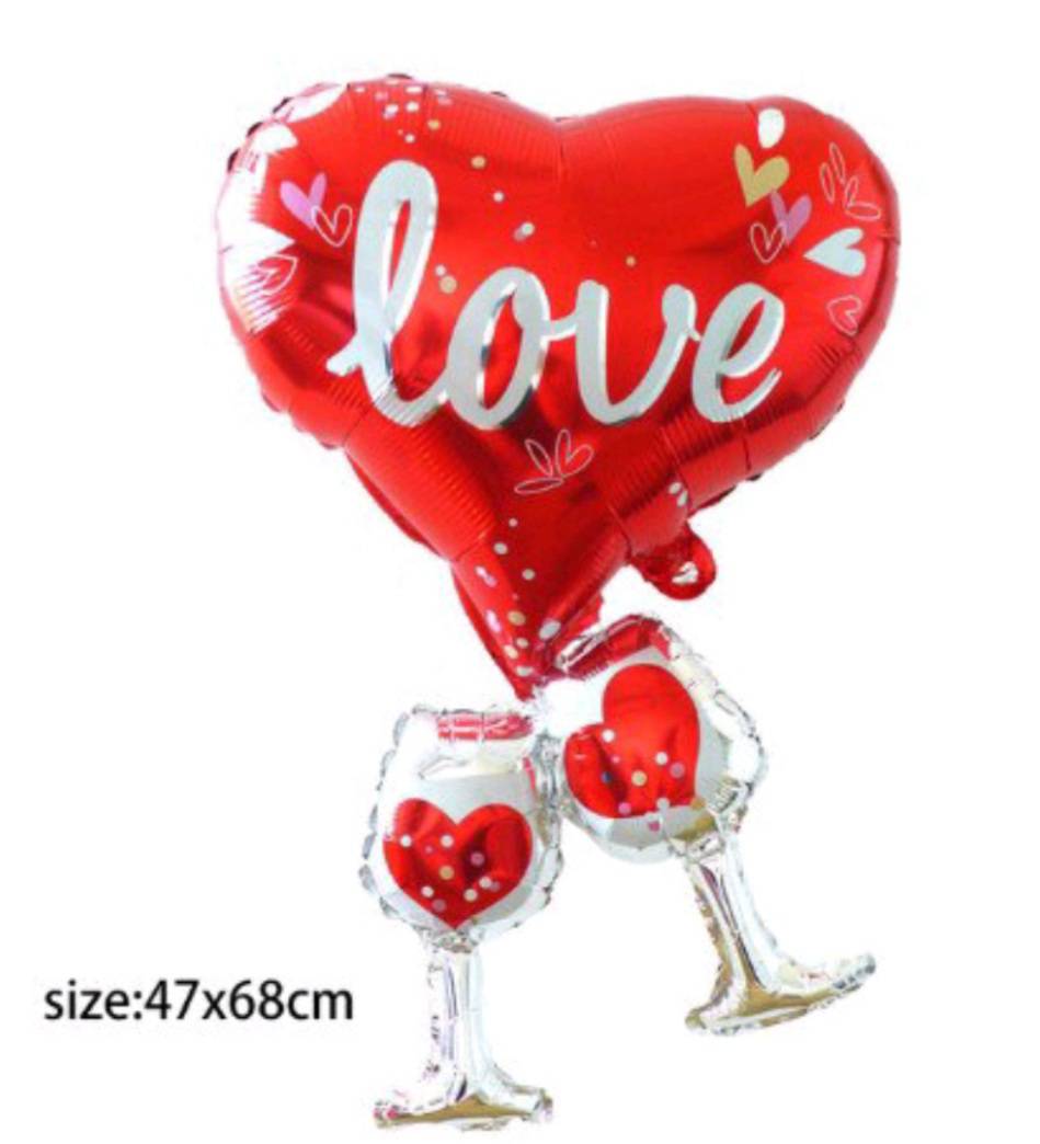 ลูกโป่งแก้วไวน์คู่ & หัวใจ สีแดง wine glass & red heart Foil Balloon