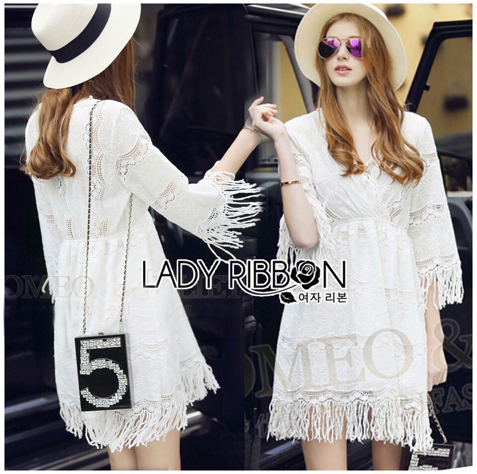 เสื้อผ้า: Lady Ribbon LR08190516 🎀 Lady Ribbon's Made 🎀 Lady Kate Modern Bohemian Fringed White Lace Dress