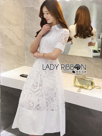 Lady Fiona Sweet Feminine White Lace Midi Shirt Dress