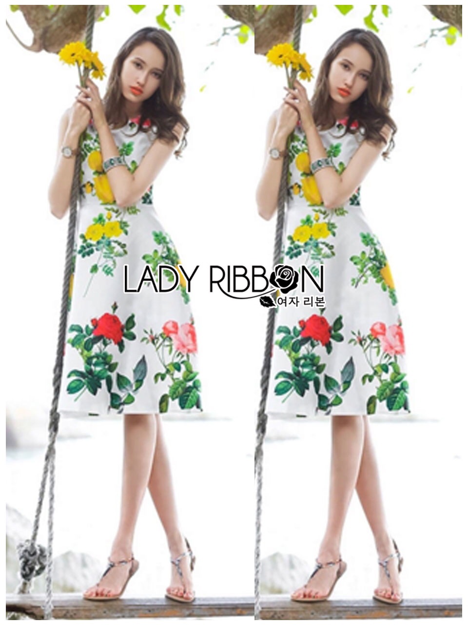 Lady RibbonSleeveless Dress ขายส่งเดรสแขนกุดสีขาวพิมพ์ลายดอกกุหลาบอังกฤษ
