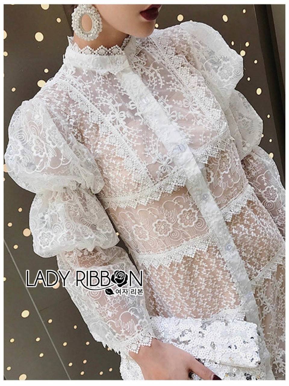 เชิ้ตเดรสผ้าลูกไม้สีขาวพร้อมซับในสีนู้ด
