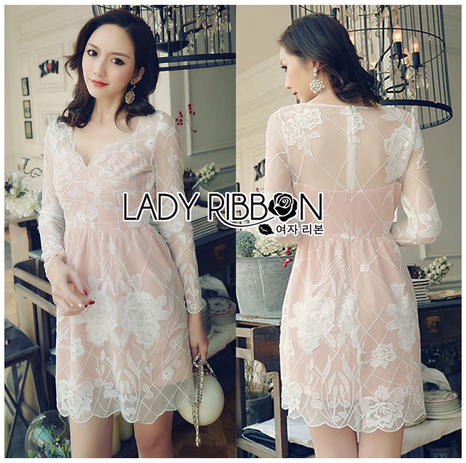 Lady Ribbon เสื้อผ้า LR01120516 🎀 Lady Ribbon's Made 🎀 Lady Sasha Sexy Elegant Flower Embroidered Lace Dress