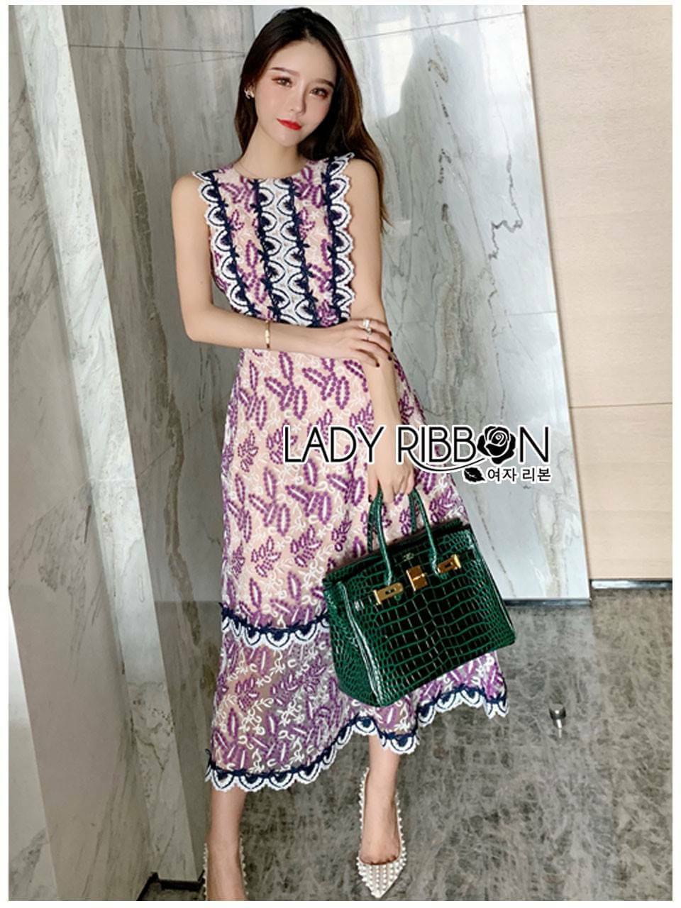 เดรสแขนกุดผ้าลูกไม้ทอลายดอกไม้สีม่วงสุดหวาน