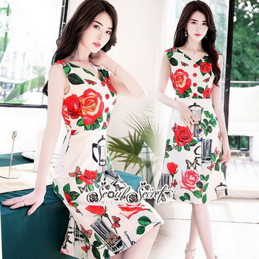 ผ้าเครปพิมพ์ลายดอกกุหลาบสีแดง