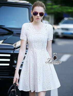Lady Ribbon Online เสื้อผ้า Lavida LV05300616 🍭Korea Design By Lavida natalie elegant white floral lace beautiful dress