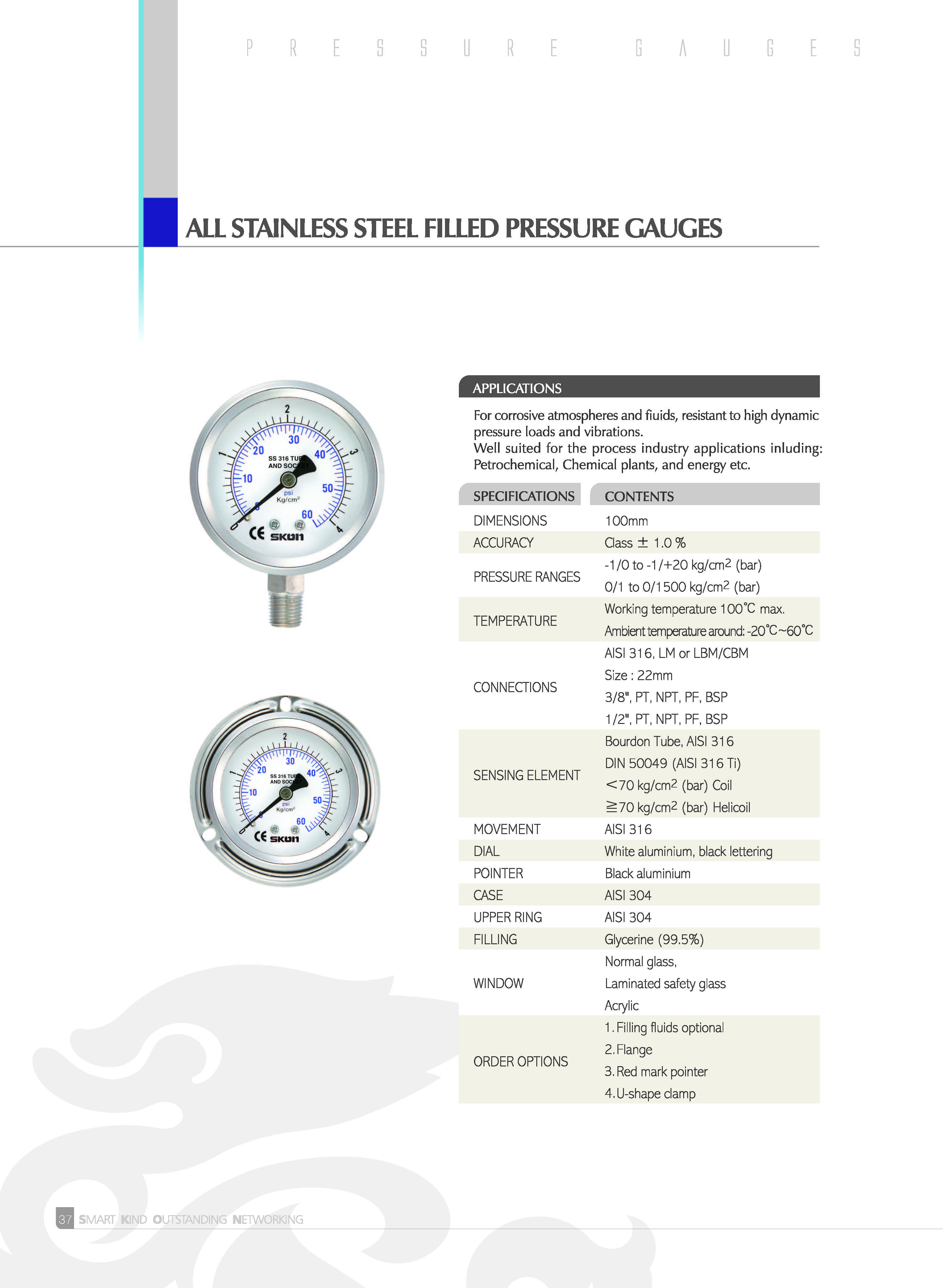 Pressure Gauge 4" เกจวัดแรงดัน หน้าปัด 4" เกลียวออกหลังกลาง 426-21-*** SKON