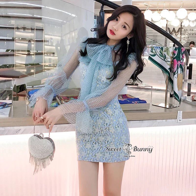ผ้าลูกไม้เนื้อดีสีฟ้าทูโทน ใช้ผ้าดีเกรดเอราคาสูง