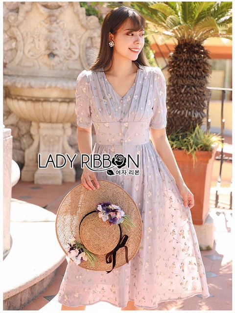 เดรสชิฟฟอนติดกระดุมปักลายดอกไม้