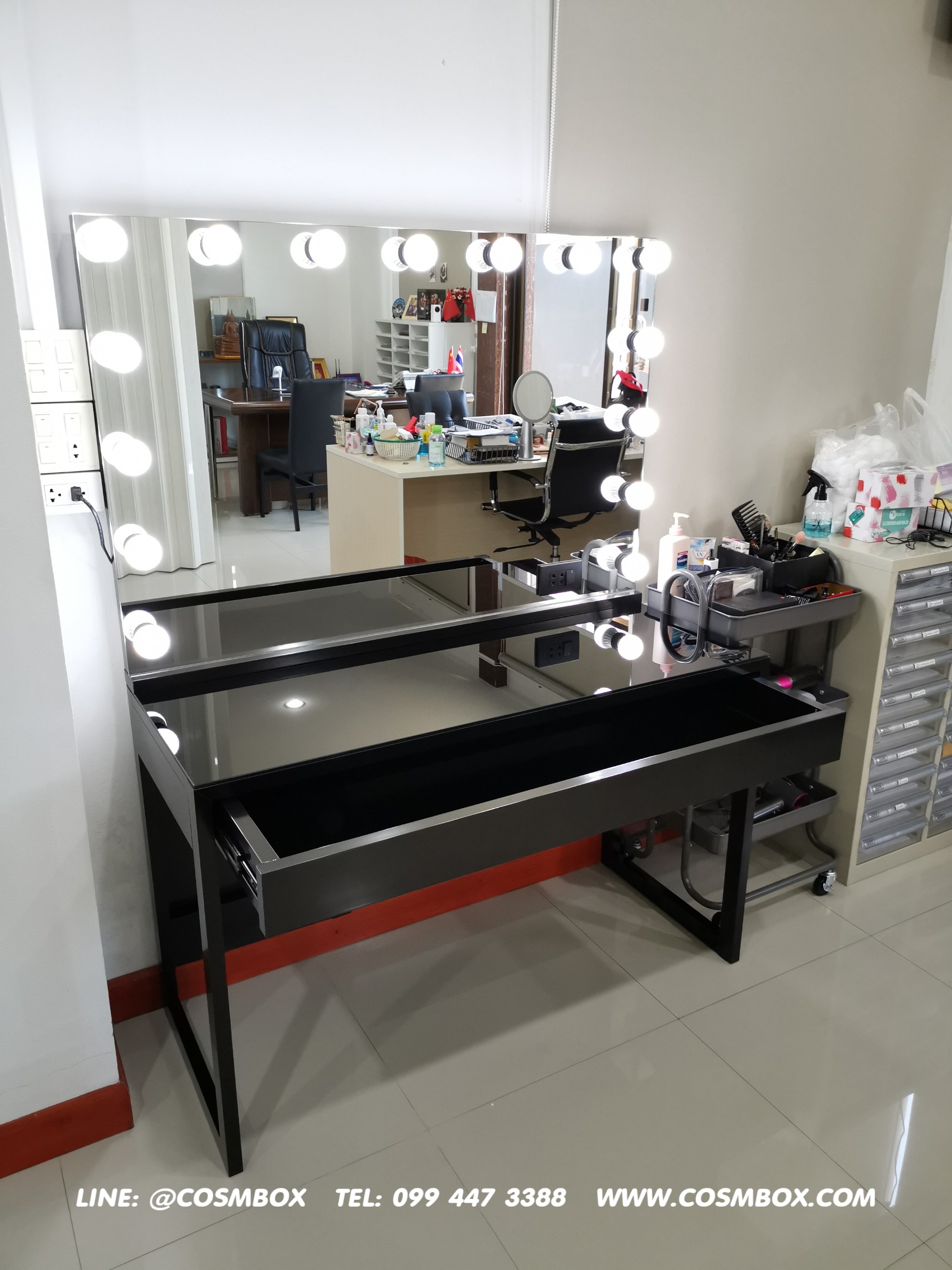 โต๊ะเครื่องแป้ง กระจกมีไฟ - 120 x 45 x 160 cm. TOP+ลิ้นชัก กระจกเคลือบสีดำ