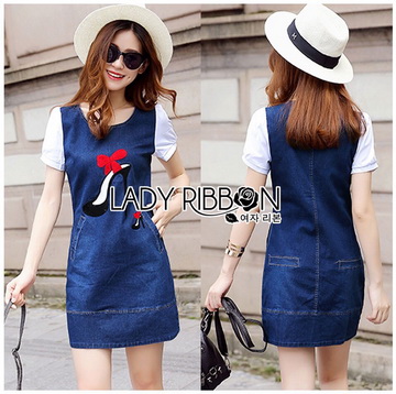 Lady Ribbon Online เสื้อผ้าออนไลน์ขายส่ง LR18070716 🎀 Lady Ribbon's Made 🎀 Lady Leslie Fashionable Red Ribbon High Heel Embroidered Cotton and Denim Dress