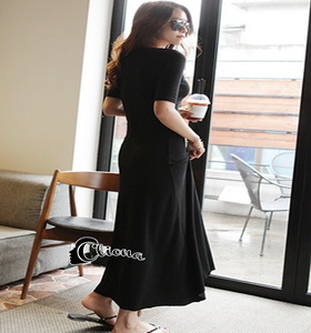 cliona Long dress สีดำแขนสั้นผ้ายืดหยุ่น