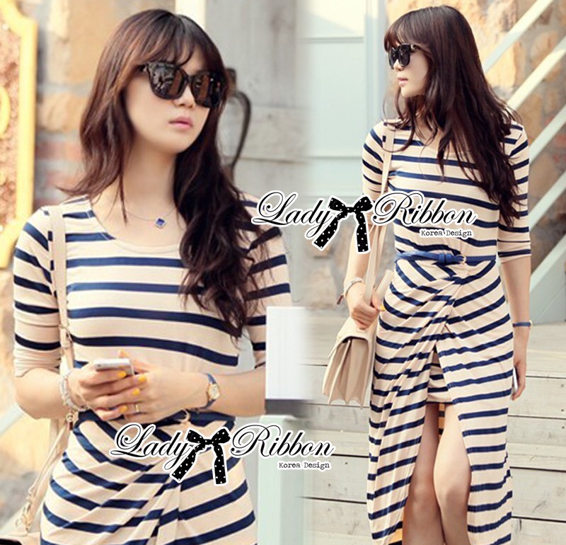 เสื้อผ้า Lady Ribbon dressMade 🎀 Jersey Stripe Slip Dress เดรสผ้ายืดลายขวาง เก๋ๆด้วยดีเทลกระโปรงไข้วทรงหน้าสั้นหลังยาว แอบเปรี้ยวเบาๆ Smart&Casual ลุคชิคๆแบบสาวเกาหลีค่ะ **งาน Premium Quality " ป้าย" Lady Ribbon
