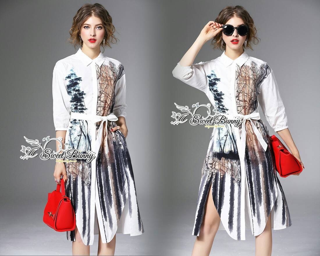 SW06010916 Sweet Bunny Present... Wood Print Shirt Dress ชุดเดรส+เชือกผูกเอว