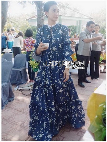 เดรสยาวผ้าชีฟองสีน้ำเงิน