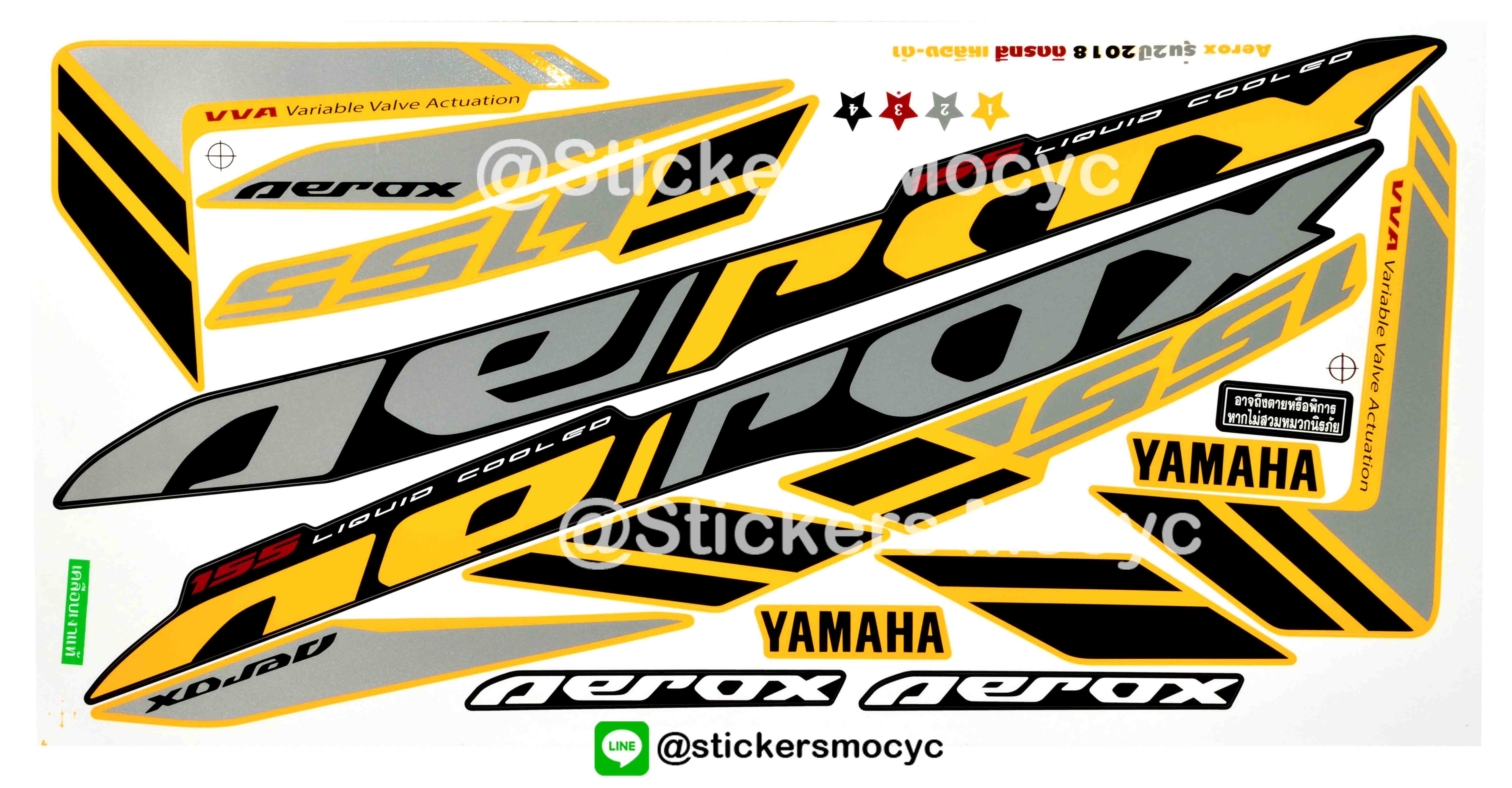สติ๊กเกอร์ติดรถ มอเตอร์ไซค์ ยามาฮ่า แอร์ล็อค Yamaha Aerox 155 ปี 2018 รุ่น 2 ติดรถ สีเหลือง ดํา (เคลือบเงาแท้)