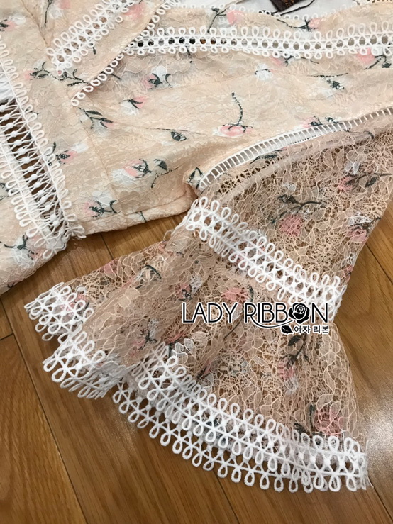 เดรสสั้นผ้าลูกไม้ทอลายดอกไม้สีครีมสุดหวาน