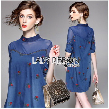 Lady Ribbon Online ขายส่ง เสื้อผ้าออนไลน์ ของแท้ LR16040716 🎀 Lady Ribbon's Made 🎀 Lady Sasha Dark Blue See-thorough Rose Embroidered Denim Dress