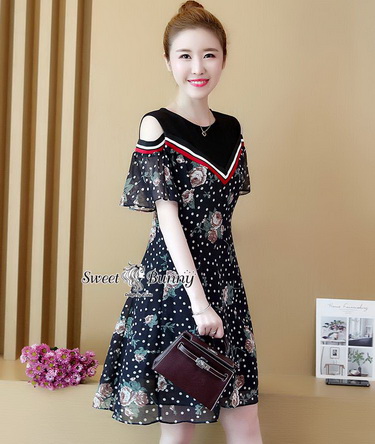 ชุดเดรสดอกเกาหลีผ้าชีฟองลายดอกกุหลาบสีกรม