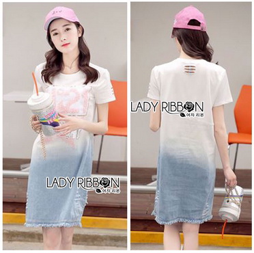 Lady Ribbon Online ขายส่งเสื้อผ้าออนไลน์ของแท้ LR18300616 🎀 Lady Ribbon's Made 🎀 Lady Tamara Street Chic Sequin Embroidered Jersey and Denim Dress