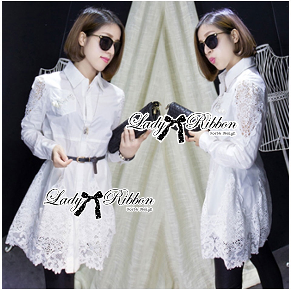 Lady Ribbon Shirt Dress ส่งเสื้อเชิ้ตเดรสขาวปักมุกมีราคาตกแต่งผ้าลูกไม้พร้อมเข็มขัด lady ribbon ตัวนี้เป็นแนวหวาน