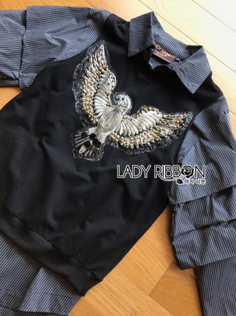 Layered-Sleeve Lady Ribbon Striped Shirt