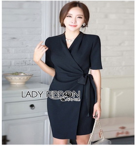 Lady Mandy Smart Minimal Drape Ribbon Black Dress ขายส่งเดรสผ้าเครป