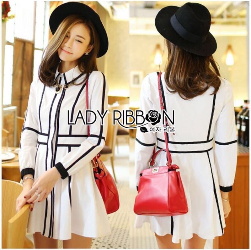 Lady Ribbon เสื้อผ้าพร้อมส่ง เสื้อผ้า Lady Ribbon พร้อมส่ง เลดี้ริบบอน Lady Ribbon's Made 🎀Lady Minimal Monochrome Striped Flared Shirt Dress