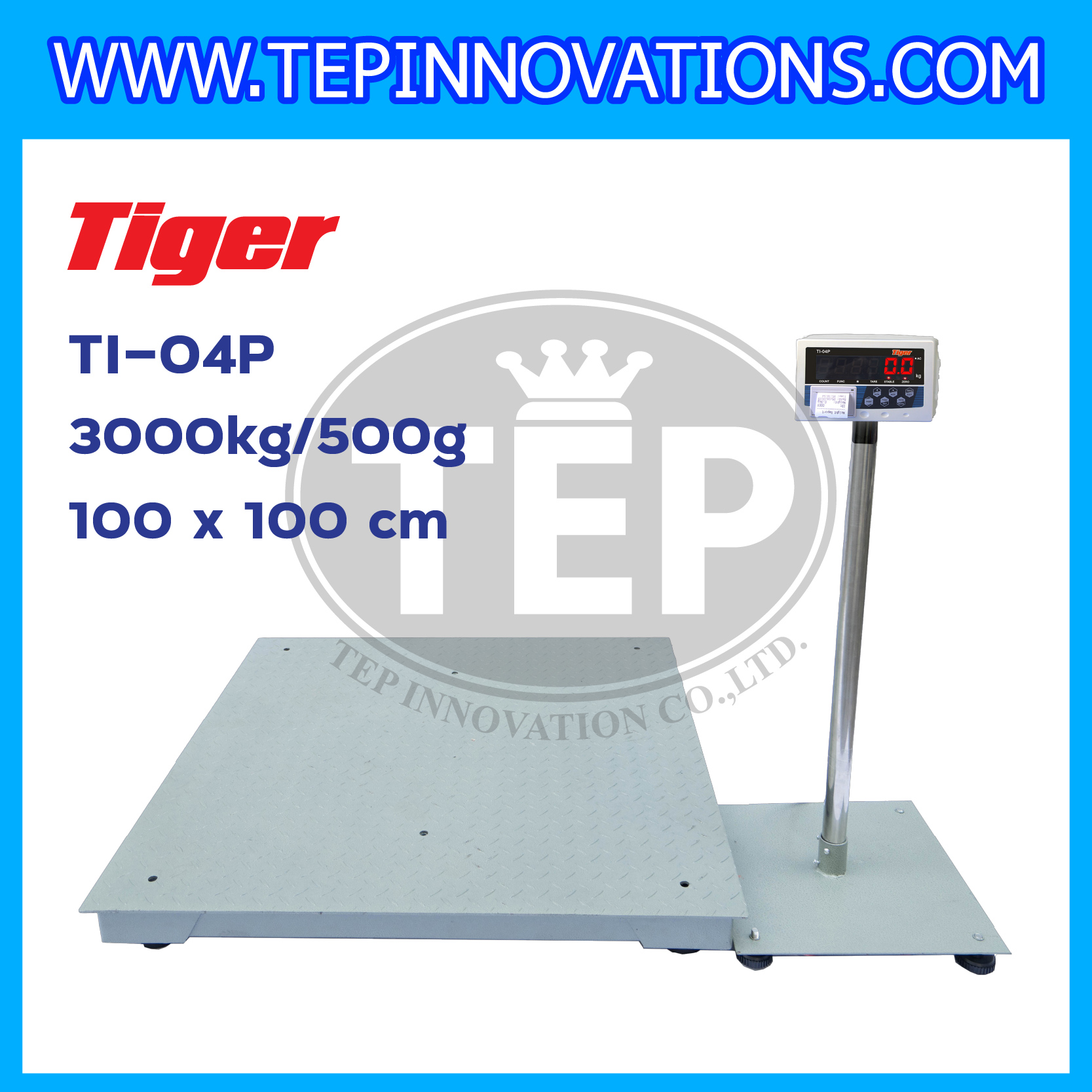 เครื่องชั่งพร้อมปริ้นเตอร์ในตัว พิกัด 3000kg รุ่น TI-04P ขนาดแท่น 100x100cm. เครื่องชั่งน้ำหนัก3000kg เครื่องชั่งดิจิตอล3000kg ตาชั่ง3000kg ตาชั่งดิจิตอล3000kg พิกัดน้ำหนัก 3000kg ค่าละเอียด 500g เครื่องชั่งยี่ห้อ TIGER รุ่น TI-04P